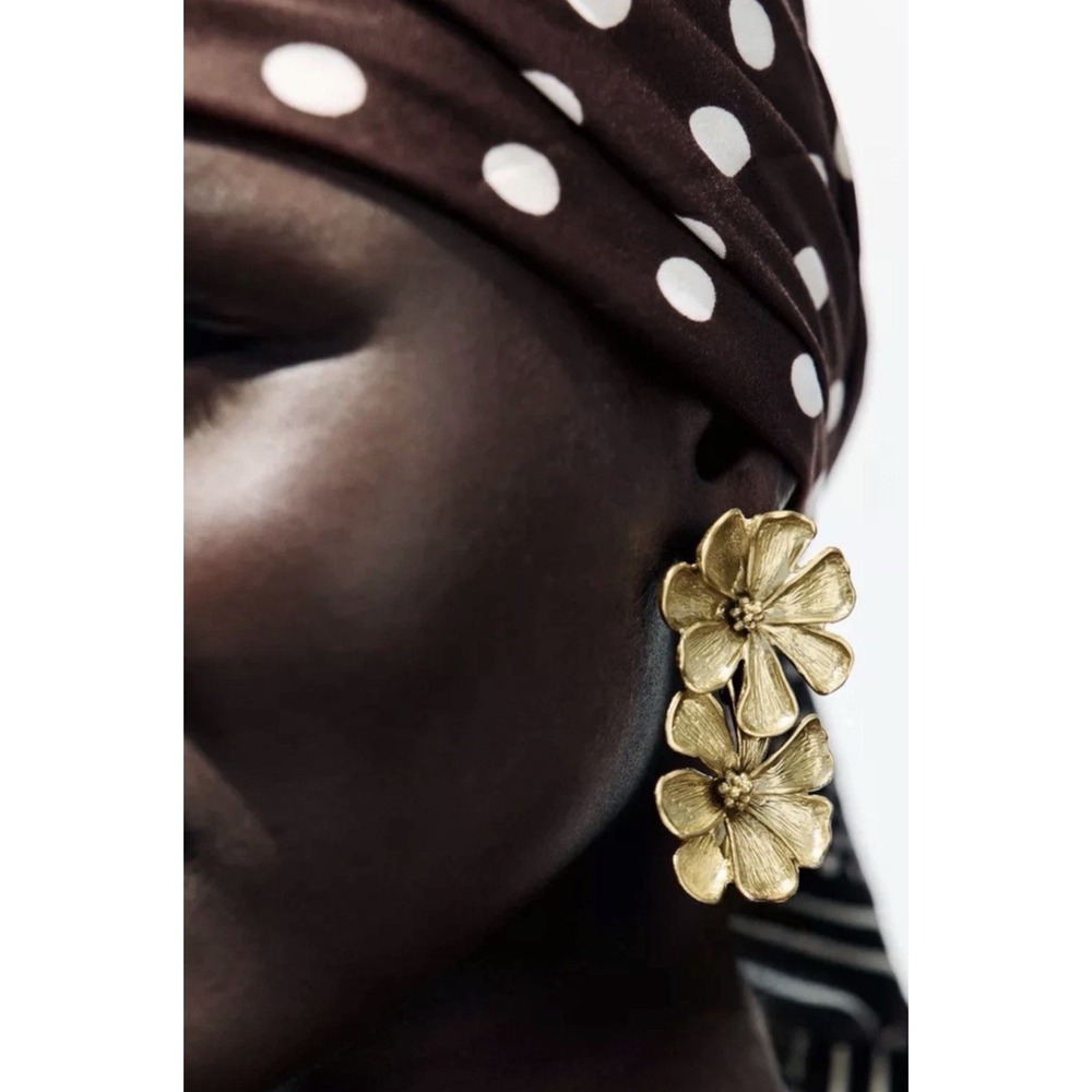Zara Gold Double Floral Flower Earrings Bohemian Boho Statement Piece Resort
